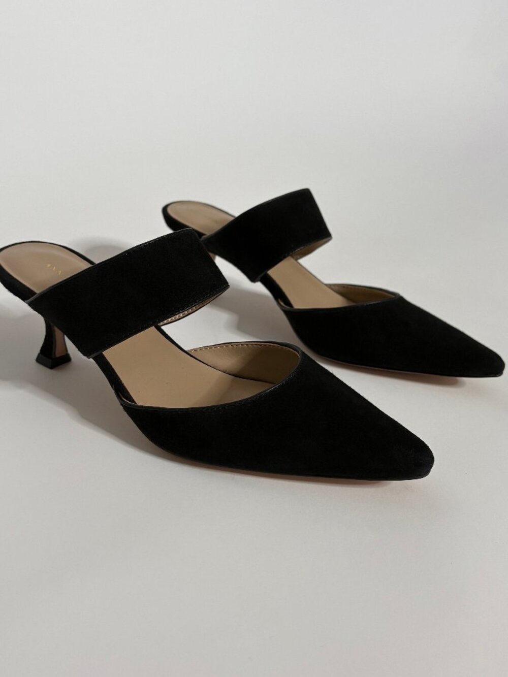 Ann Taylor black suede pointed-toe kitten heel mules